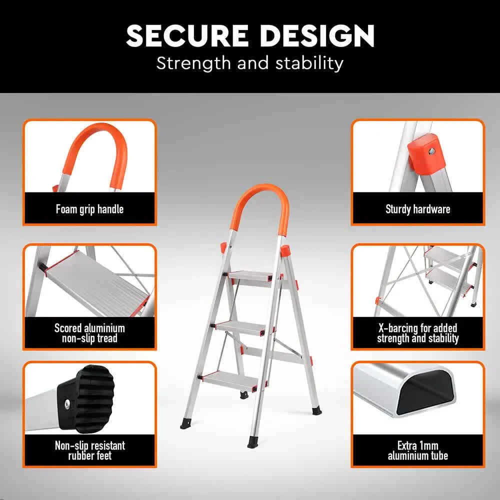 3-Step Ladder | Multi-Purpose | Foldable Aluminium | Non-Slip Household & Office Use