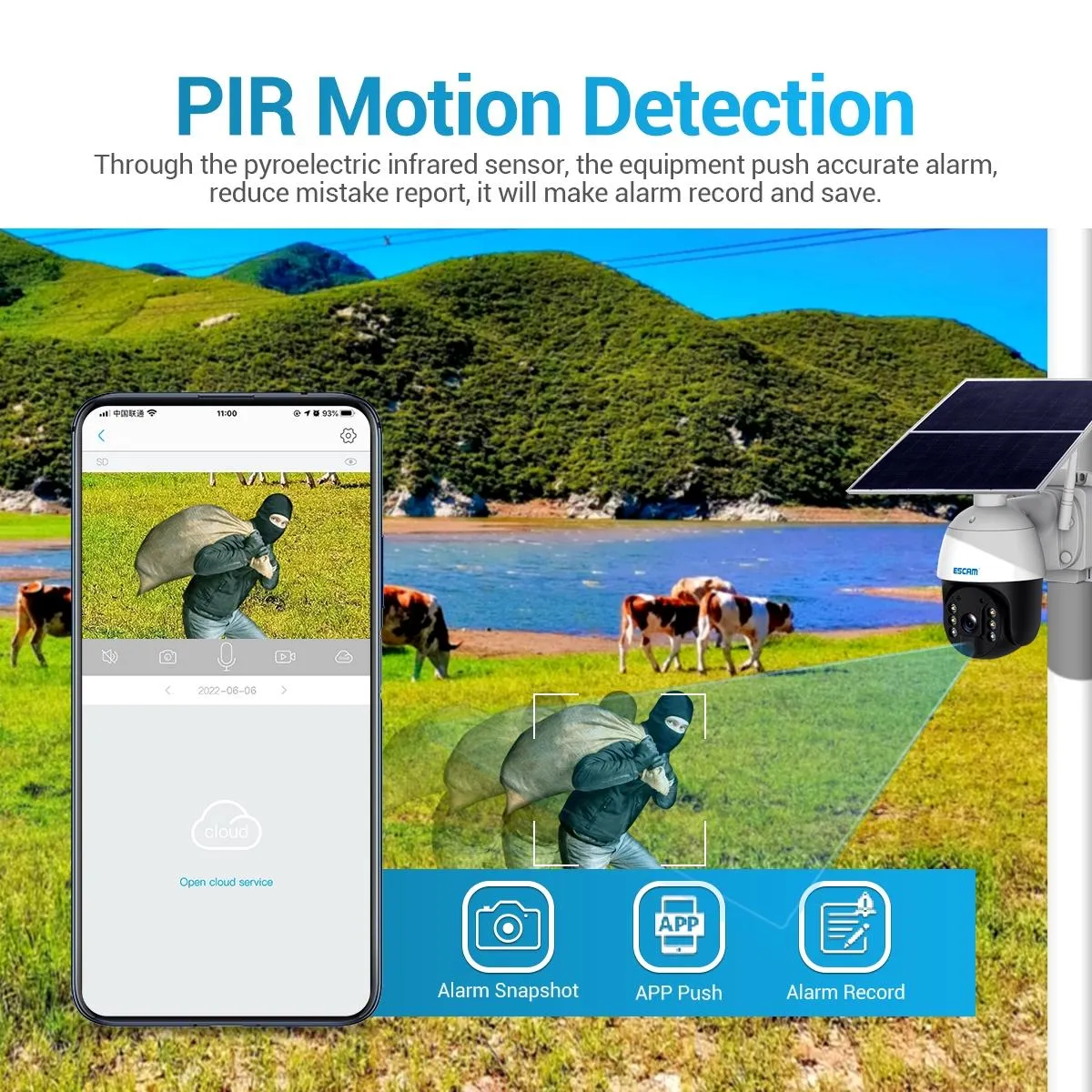 3Mp Solar Pt Ip Camera W / 24H Recording 4G Pir Alarm & Cloud Storage