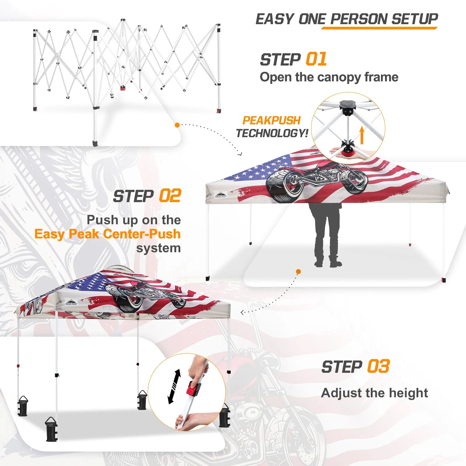 EAGLE PEAK 10x10 Pop Up Canopy, Instant Outdoor Canopy Tent, Straight Leg Pop Up Tent for Parties, Camping, The Beach and More, 100 Square Feet of Shade, Motorcycle Skull