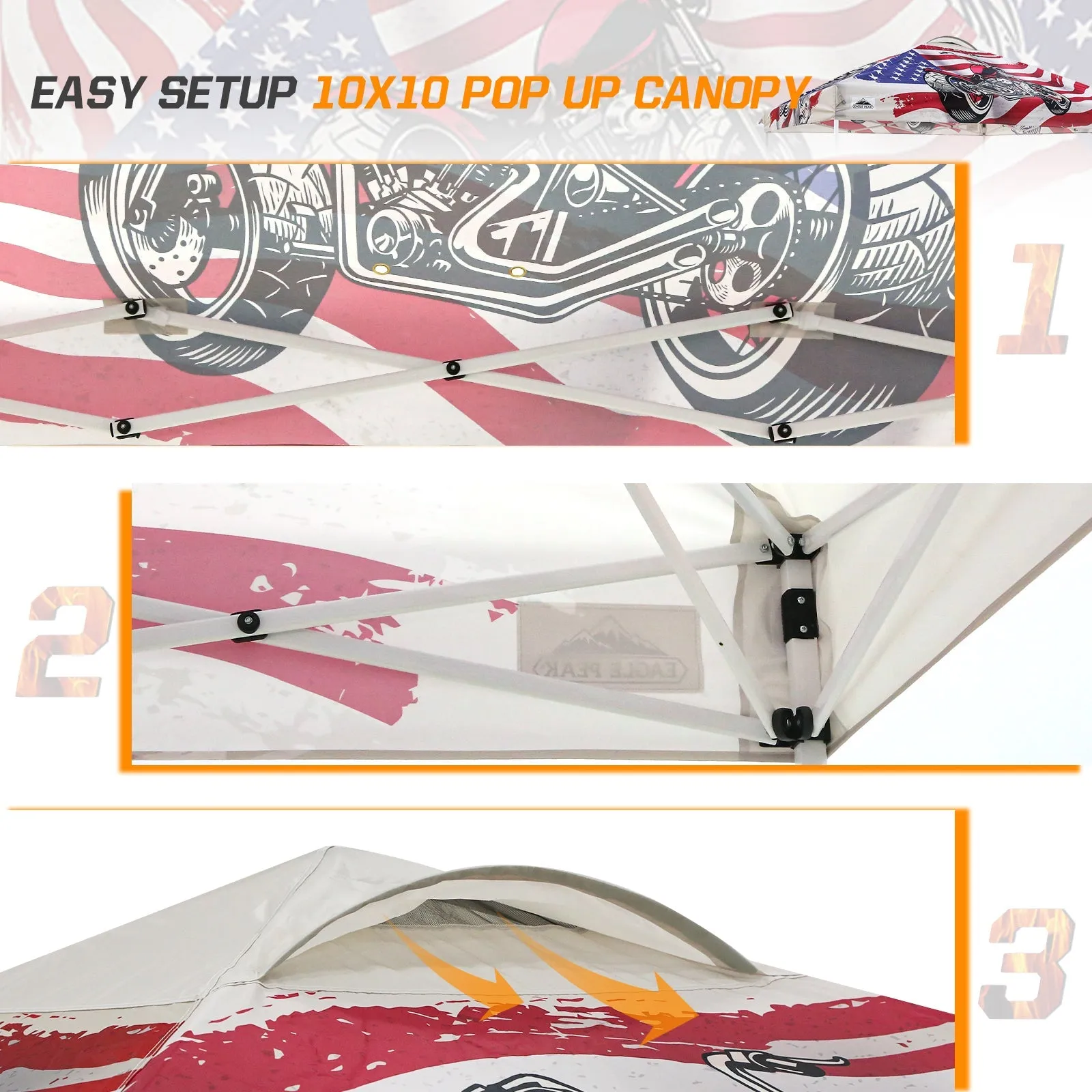 EAGLE PEAK 10x10 Pop Up Canopy, Instant Outdoor Canopy Tent, Straight Leg Pop Up Tent for Parties, Camping, The Beach and More, 100 Square Feet of Shade, Motorcycle Skull